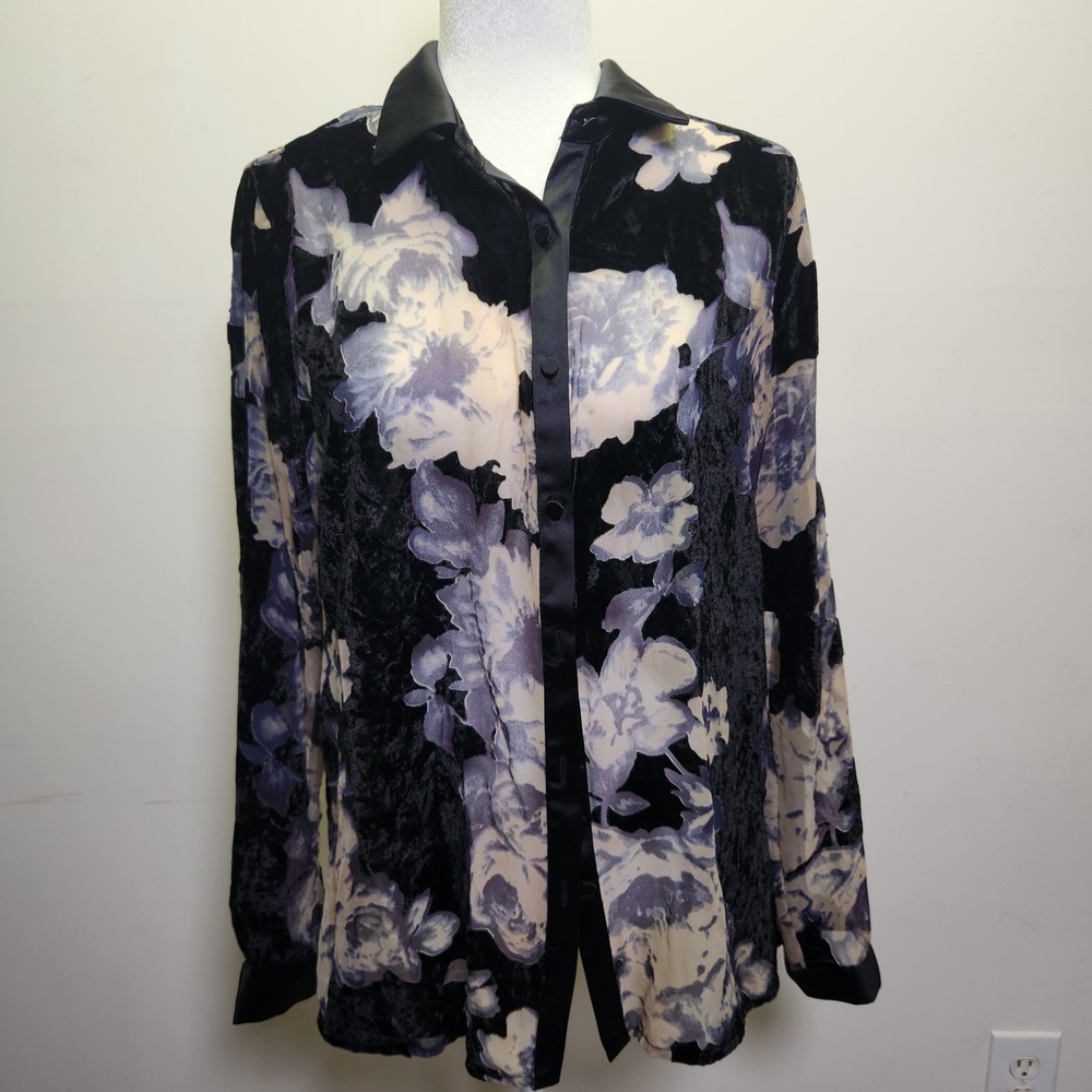 Anewsta NWOT Velvet Burnout Floral Long Sleeve Blouse Lrg Button Front Sheer